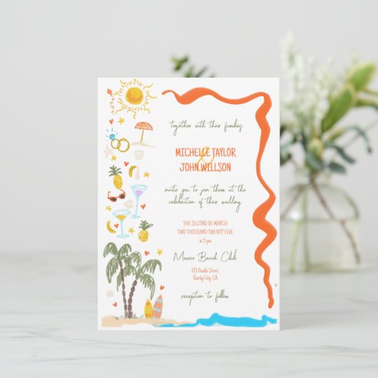 Invitation Doodle Whimsical branché main Drawn Beach Wedding (Debout devant)