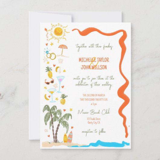 Invitation Doodle Whimsical branché main Drawn Beach Wedding (Devant)
