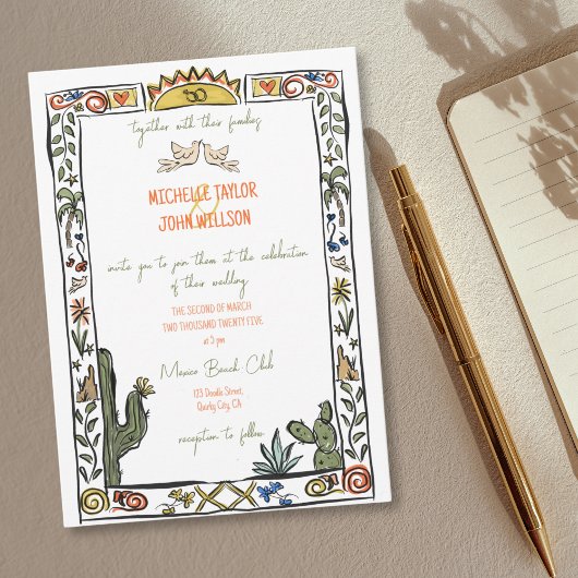Invitation Doodle Whimsical Main Drawn Mexico Beach Wedding