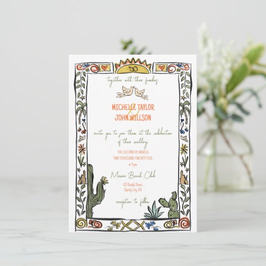 Invitation Doodle Whimsical Main Drawn Mexico Beach Wedding (Debout devant)