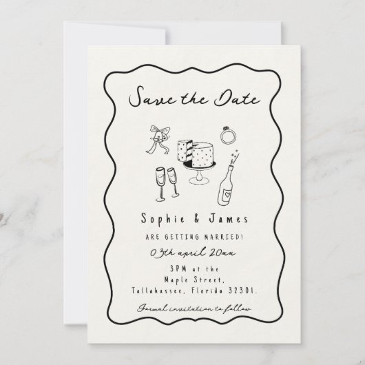 Invitation Doodle Whimsical noir et blanc Mariage tendance (Devant)