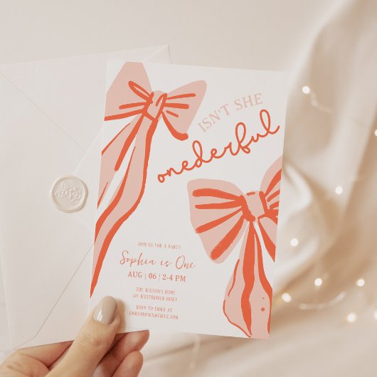 Invitation Doodle Whimsical Pink Bow Girl 1er anniversaire