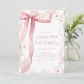Invitation Doodle Whimsical Pink Bow Premier anniversaire (Debout devant)
