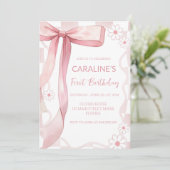 Invitation Doodle Whimsical Pink Bow Premier anniversaire (Debout devant)