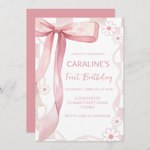 Invitation Doodle Whimsical Pink Bow Premier anniversaire
