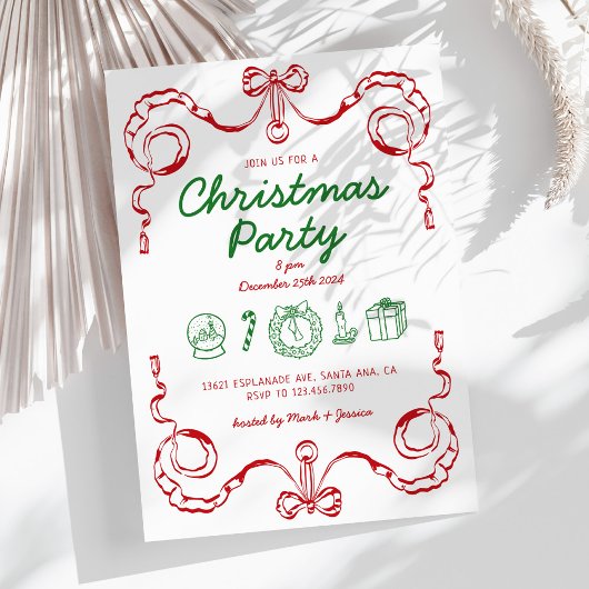 Invitation Doodle Whimsical Red et Green Christmas Party