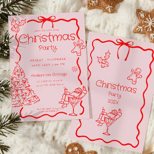 Invitation Doodle Whimsical Red Pink fête de Noël