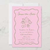 Invitation Doodle Whimsical rose et vert Mariage tendance (Devant)