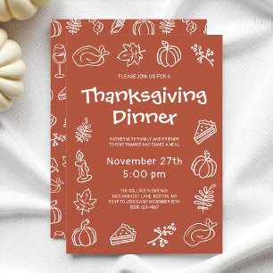 Invitation Doodle Whimsical Terracotta Thanksgiving Dîner