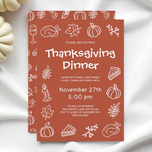 Invitation Doodle Whimsical Terracotta Thanksgiving Dîner