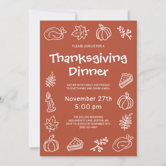 Invitation Doodle Whimsical Terracotta Thanksgiving Dîner (Devant)
