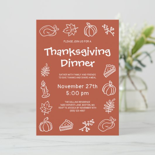 Invitation Doodle Whimsical Terracotta Thanksgiving Dîner (Debout devant)