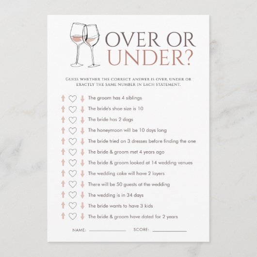Invitation Doodle Wine Over or Under Bridal Shower Game Card (Devant)
