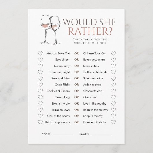 Invitation Doodle Wine Would She Rather Bridal Shower Game (Devant)
