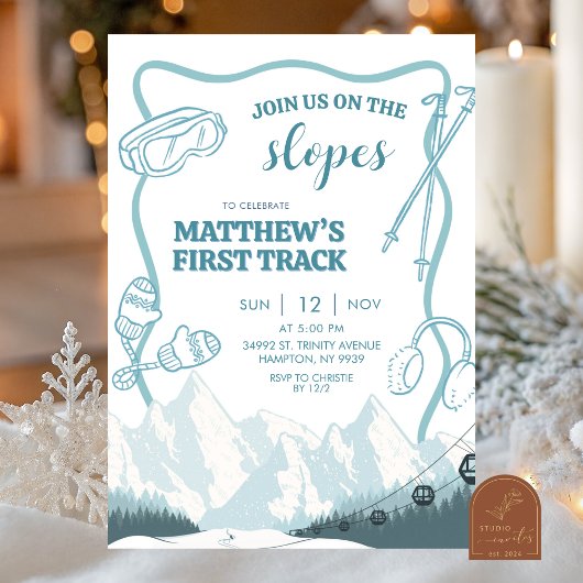 Invitation Doodle Winter Blue pastel Ski 1st birthday