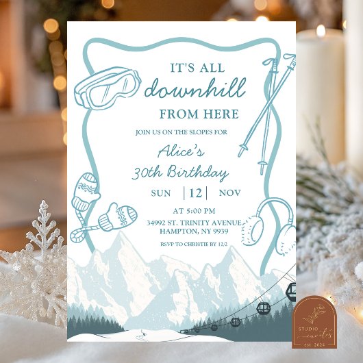 Invitation Doodle Winter Blue pastel Ski downhill birthday