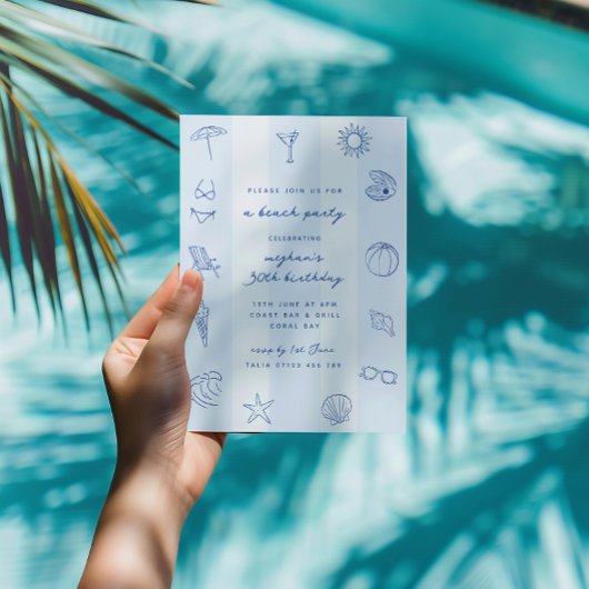 Invitation Doodles à main bleue Anniversaire Beach Party