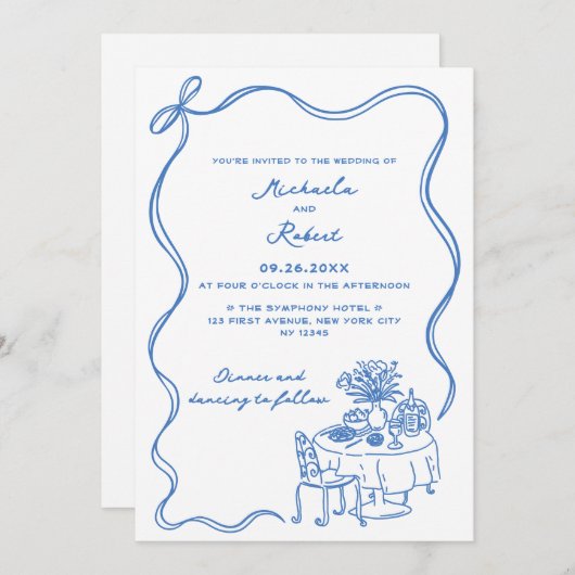 Invitation Doodles à main bleue non Mariage photo (Devant / Derrière)