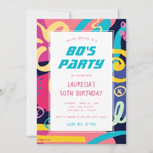 Invitation Doodles Bright Retro des années 1980 Anniversaire (Devant)