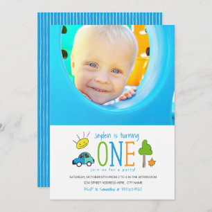 Invitation Doodles colorés 1er Anniversaire Parking Soleil