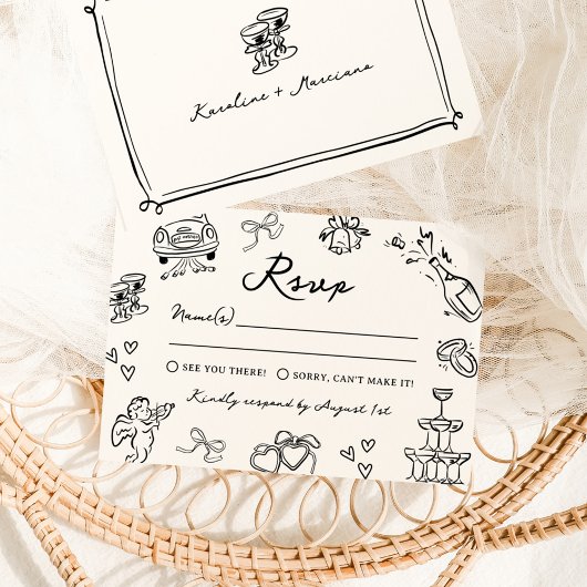 Invitation Doodles de mariage à main lunaire RSVP
