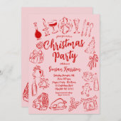 Invitation Doodles d'invitation de Noël rouge et rose (Devant / Derrière)