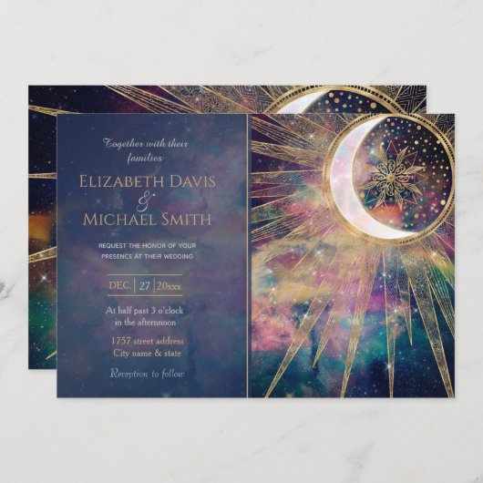 Invitation Doodles dorés de Nebula Sun Moon Mandala (Devant / Derrière)