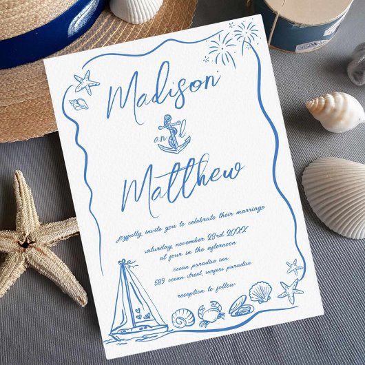Invitation Doodles tirés à la main Ancre plage Mariage nautiq