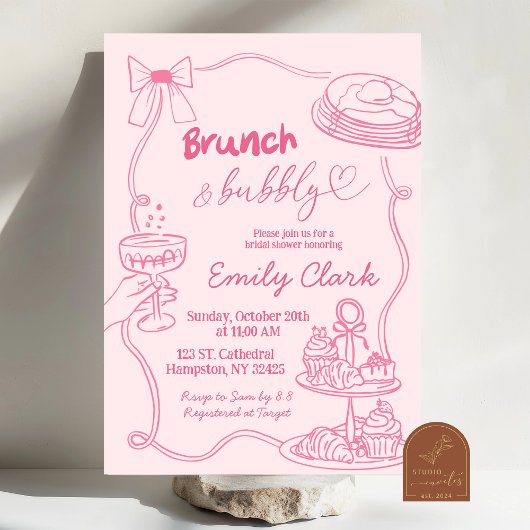 Invitation Doodles tirés à la main Brunch rose et mousseux