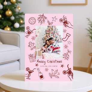 Invitation Doodles Whimsical Photo Red Pink Christmas Card
