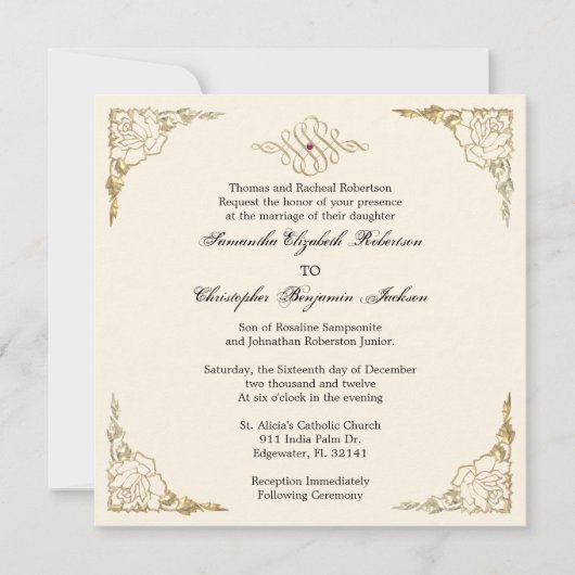 Invitation d'or élégant de mariage d'or d'accent (Devant)