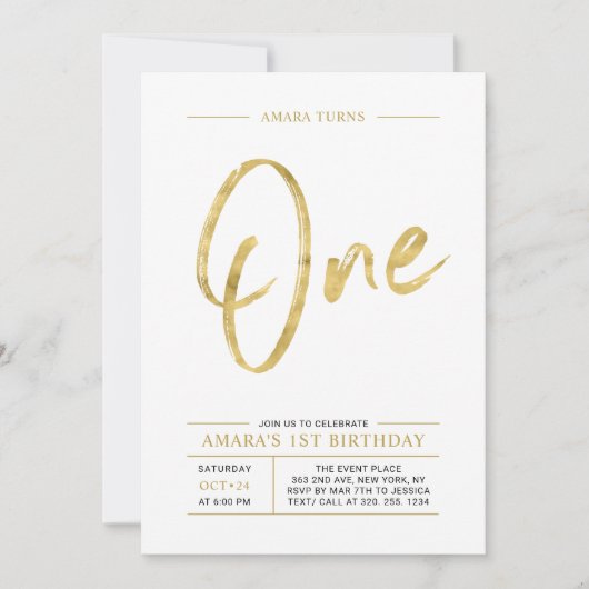 Invitation Doré | Brush Letting One 1st Birthday Party (Devant)