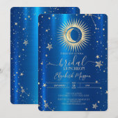 Invitation Doré et Lune Étoiles Bleu Métallurique Déjeuner (Devant / Derrière)