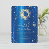 Invitation Doré et Lune Étoiles Bleu Métallurique Déjeuner (Debout devant)