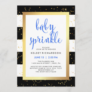 Invitation Doré noir et blanc rayures Baby Sprinkle   Bleu