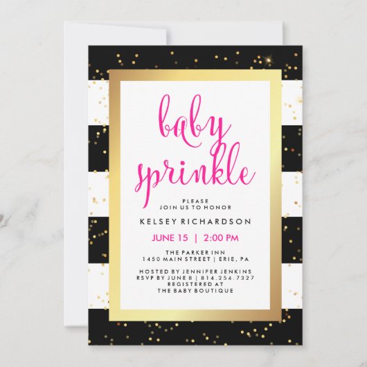 Invitation Doré noir et blanc rayures Baby Sprinkle | Rose (Devant)