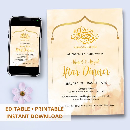 Invitation dorée à l'Iftar de style aquarelle isla