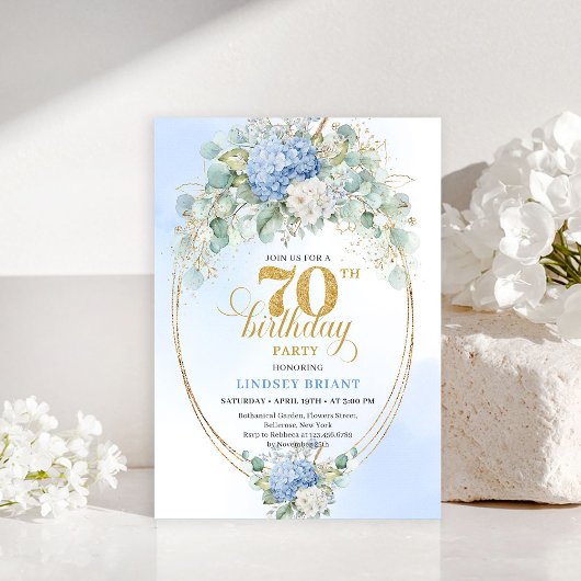 Invitation dorée florale bleue pour 70e anniversai