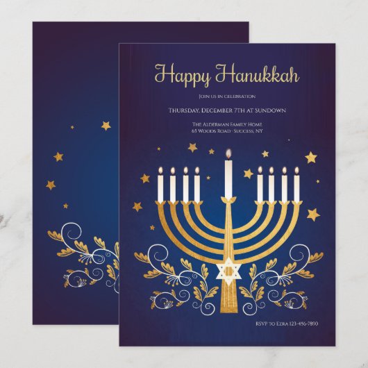 Invitation dorée pour Hanoucca (Devant / Derrière)