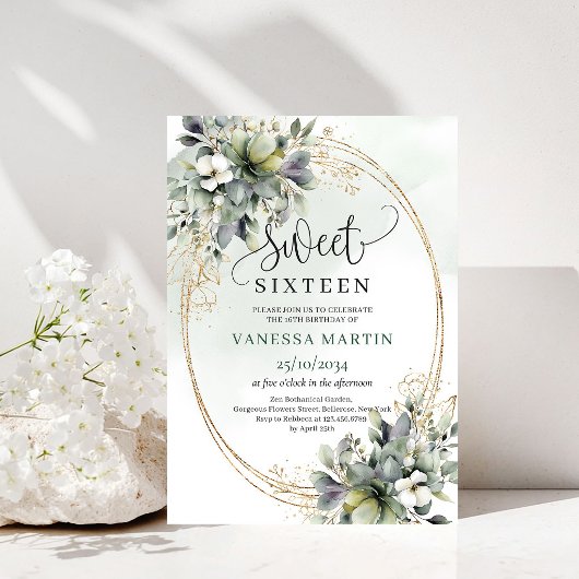 Invitation dorée pour un Sweet 16 dans un eucalypt