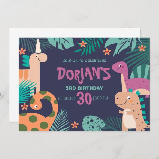 Invitation Dorian's 3rd Birthday Dino Bash (Devant / Derrière)