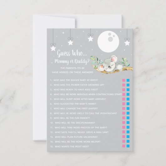 Invitation Dormir Koala Baby shower Game Devine Qui? (Devant)