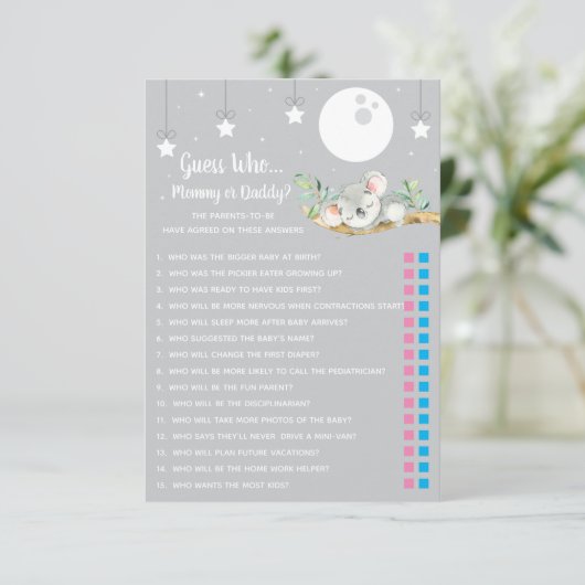 Invitation Dormir Koala Baby shower Game Devine Qui? (Debout devant)