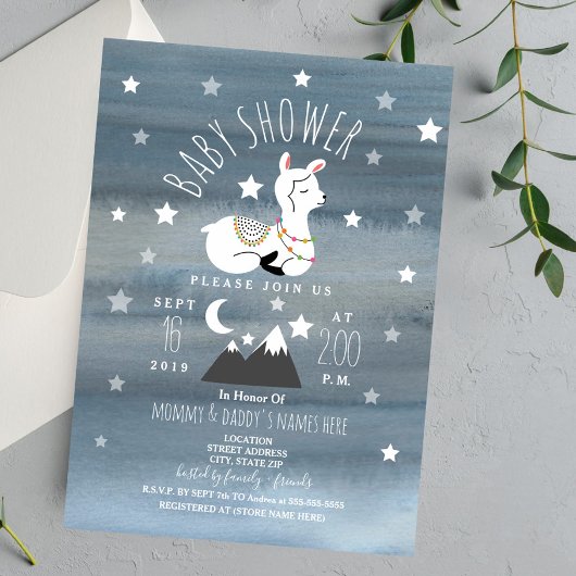 Invitation Dormir Llama Baby Mountains Etoiles Baby shower