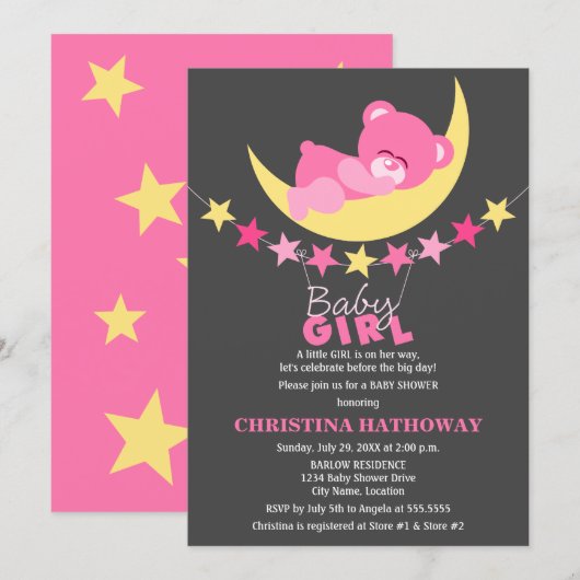 Invitation Dormir Rose fille Teddy ours sur le Baby shower de (Devant / Derrière)
