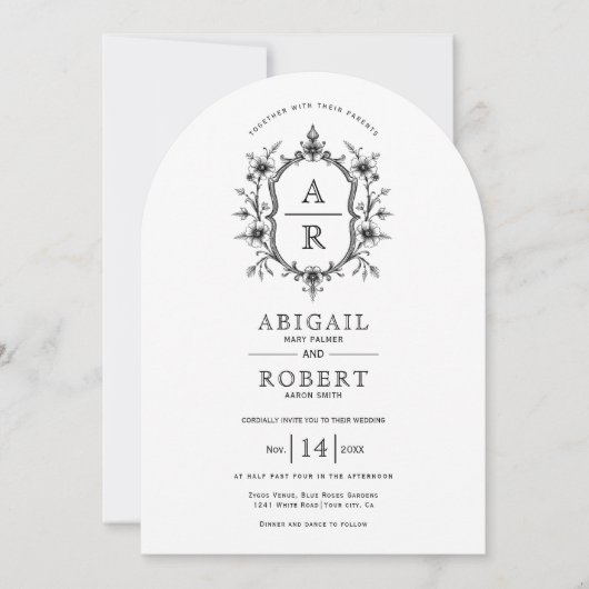 Invitation Dos, blanc mariage en arche monogramme de crête fl (Devant)