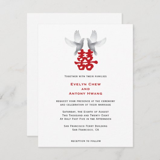 Invitation Doses blanches et bonheur double | Mariage chinois (Devant / Derrière)