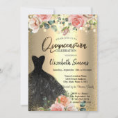 Invitation Dots Confetti d'or, Robe noire Rose Quinceañera (Devant)