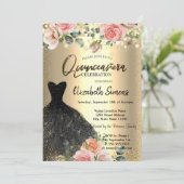 Invitation Dots Confetti d'or, Robe noire Rose Quinceañera (Debout devant)