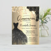 Invitation Dots Confetti d'or, Robe noire Rose Quinceañera (Debout devant)